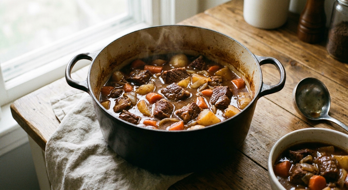 A real photograph of a cast iron Dutch oven filled with classic beef stew, showing browned beef chunks, carrots, potatoes, and a glossy brown gravy, sitting on a wooden kitchen counter with soft window light