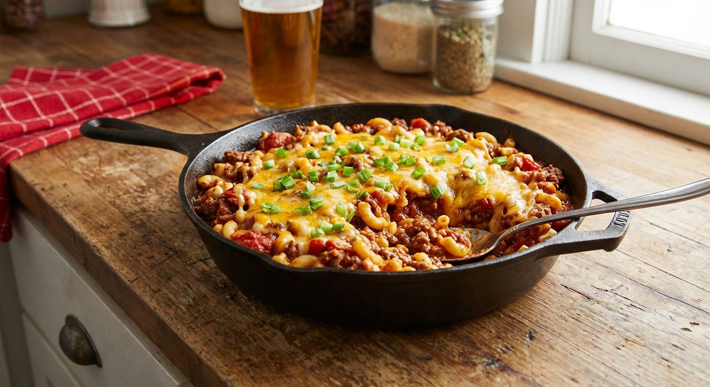 A real photograph of a cast iron skillet filled with cheesy chili mac made with ground beef, topped with chopped green onions on a wooden counter