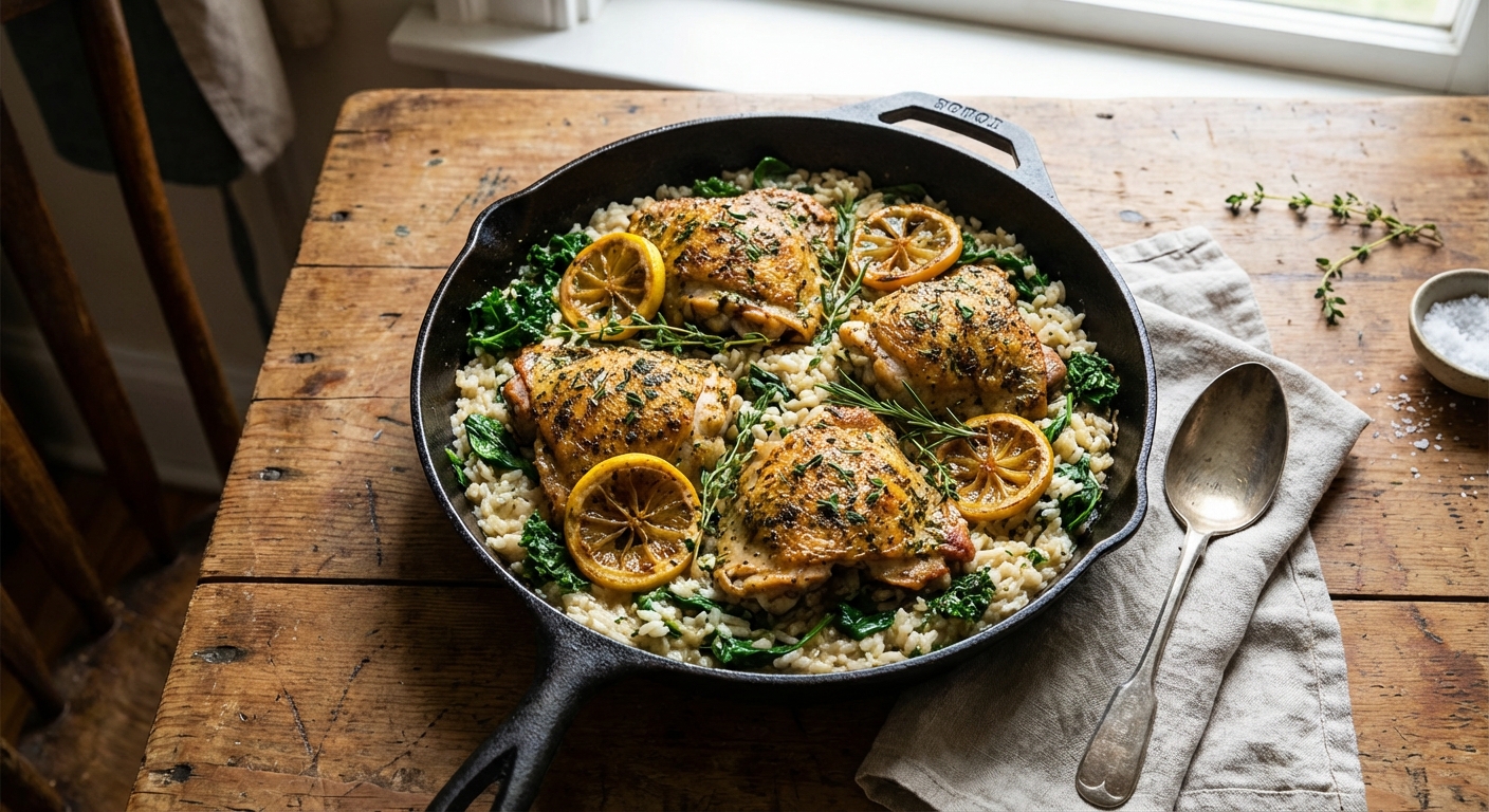 A real photograph of a cast iron skillet filled with herb-infused chicken thighs nestled into creamy rice with wilted greens and lemon slices on a rustic wooden table