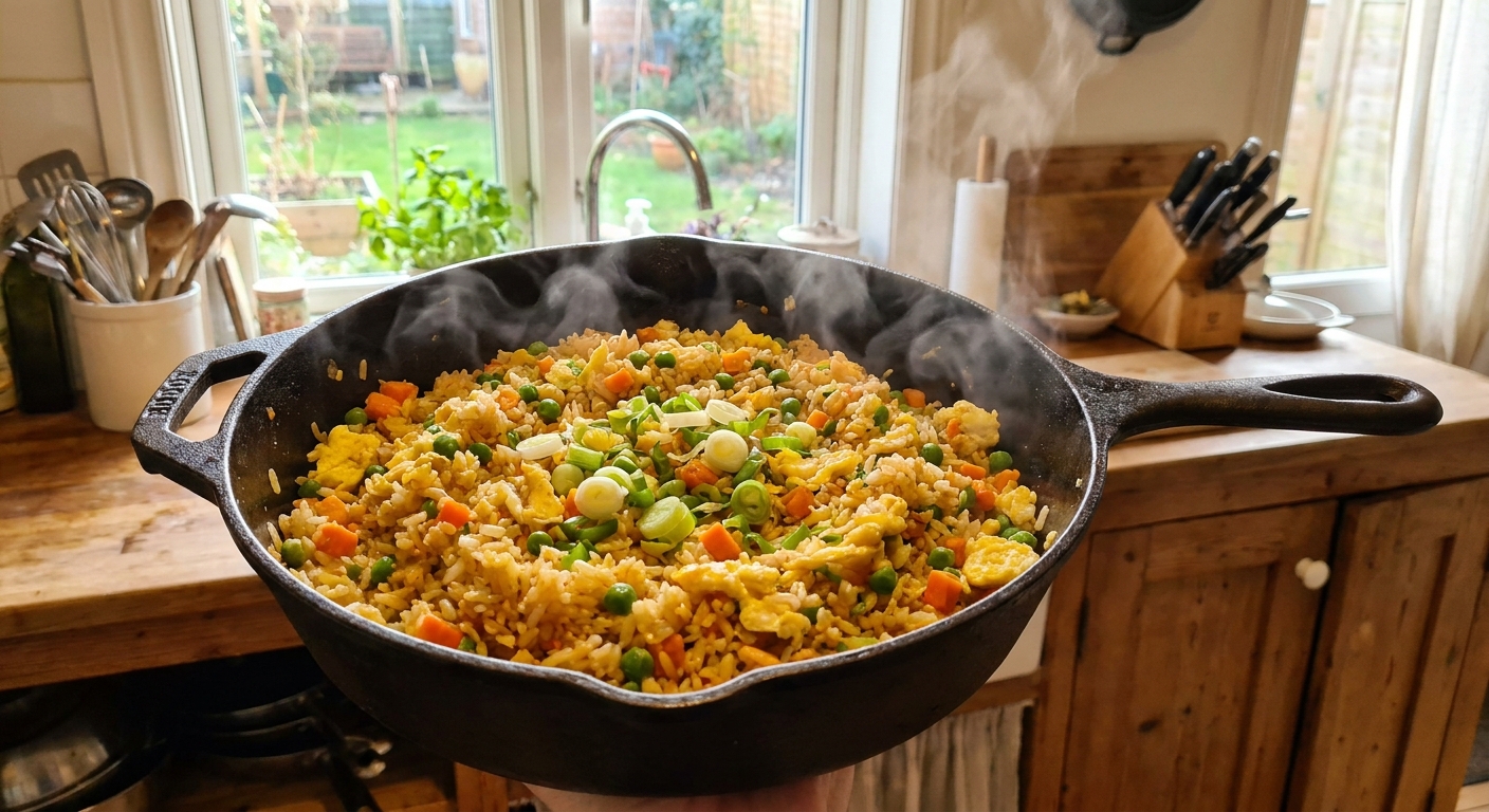 A real photograph of a cast iron skillet filled with golden fried rice with peas, carrots, scrambled egg, and sliced green onions, steam rising in a bright home kitchen