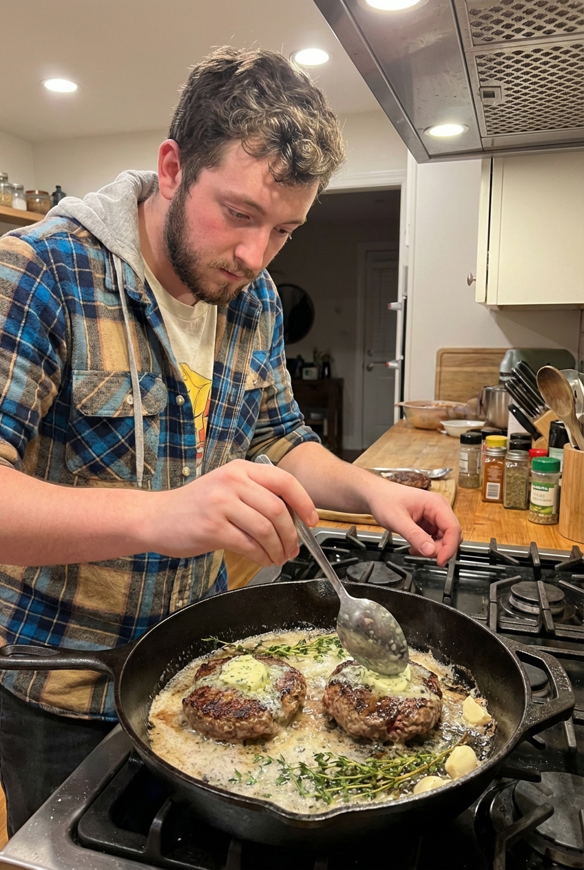 A real photograph of a cast iron skillet on a stovetop with two burger patties sizzling, browned edges visible, and a spoon basting melted herb butter over the top
