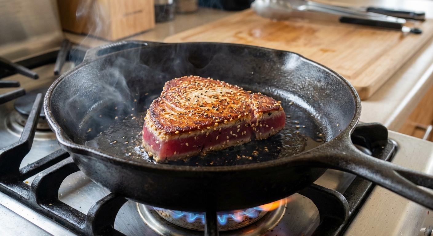 A real photograph of a cast iron skillet on a stovetop with an ahi tuna steak searing, showing a browned crust forming on the surface