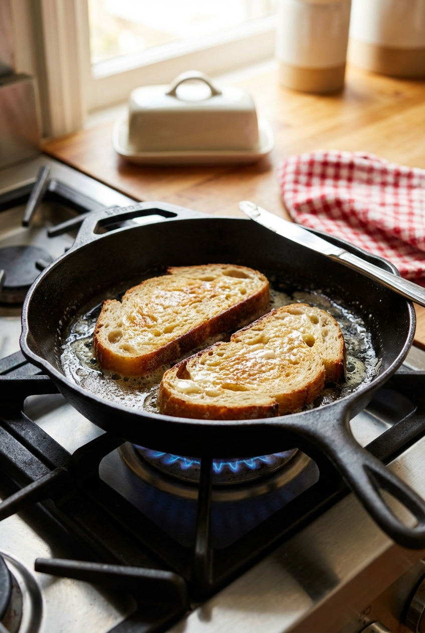 A real photograph of a cast iron skillet on a stovetop with bread slices toasting in melted butter