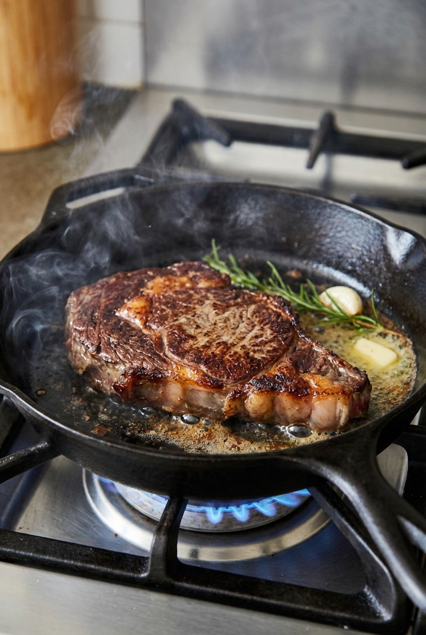 A real photograph of a cast iron skillet with a steak searing and browned crust forming