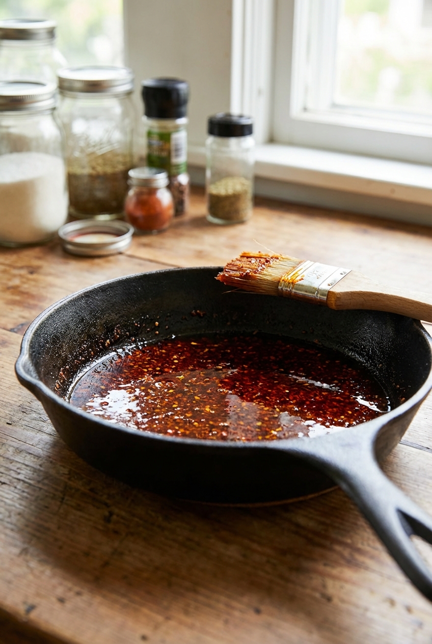 A real photograph of a cast iron skillet with red spiced oil and a brush resting on the edge