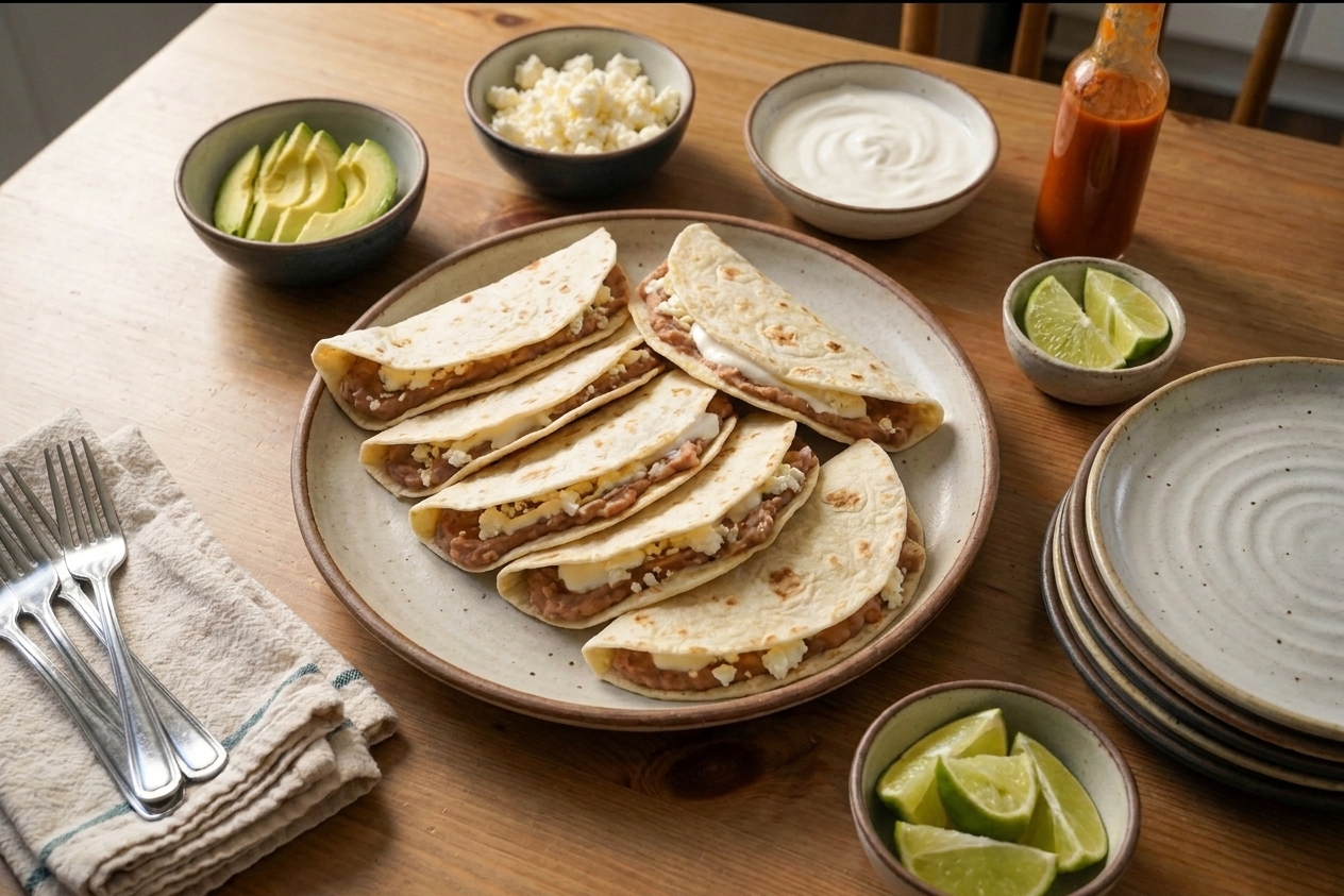 A real photograph of a casual family-style table setting with a platter of baleadas, small bowls of toppings like avocado and hot sauce, and plates ready to serve