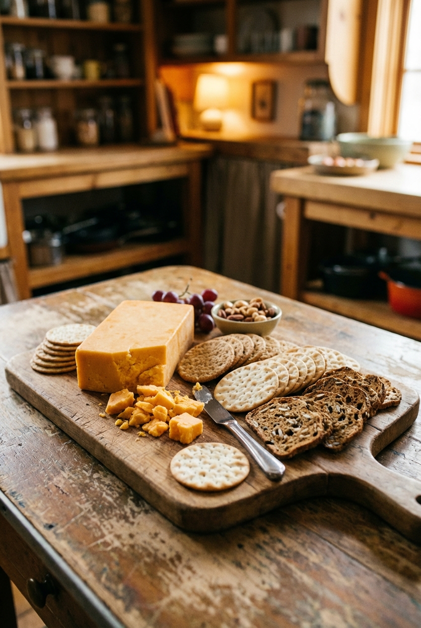 A real photograph of a cheese board with sharp cheddar and crackers