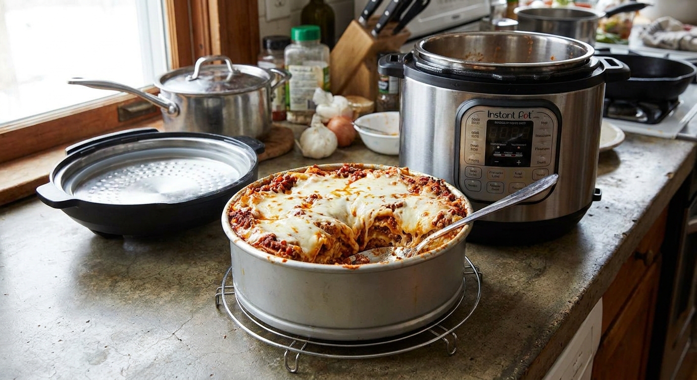 A real photograph of a cheesy Instant Pot lasagna in a round cake pan sitting on a trivet next to an open Instant Pot, with visible layers of meat sauce, ricotta, and melted mozzarella