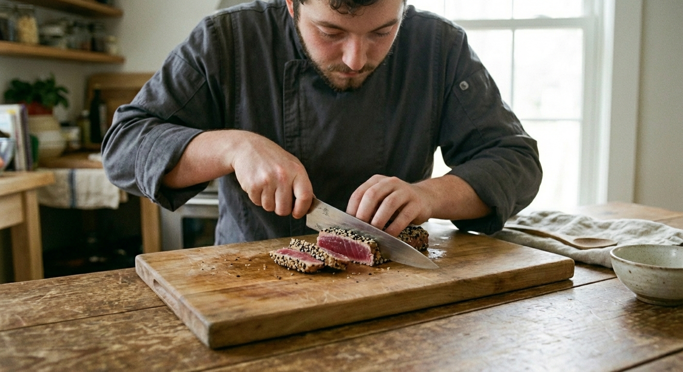 A real photograph of a chef slicing a seared ahi tuna steak on a cutting board with a sharp knife