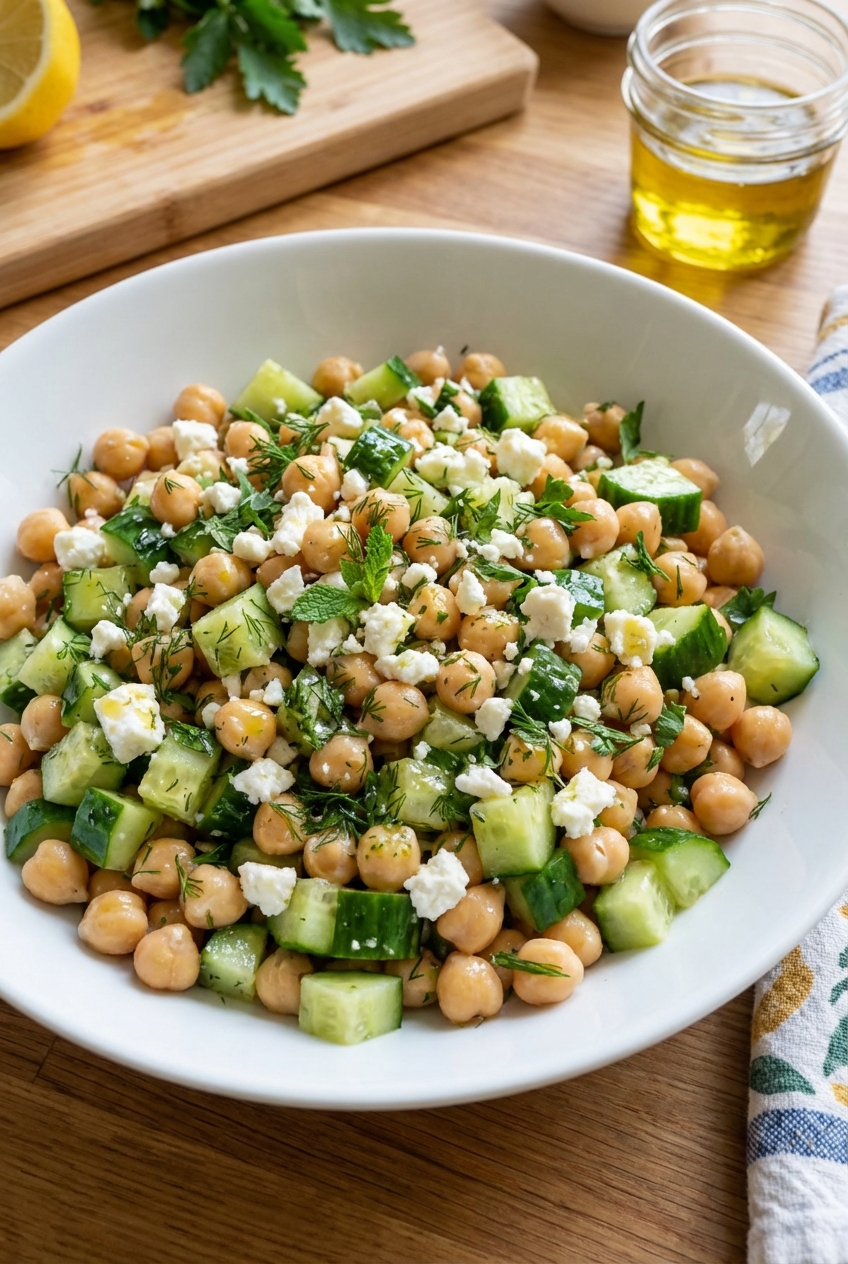 A real photograph of a chickpea salad with cucumbers, herbs, and feta in a white bowl