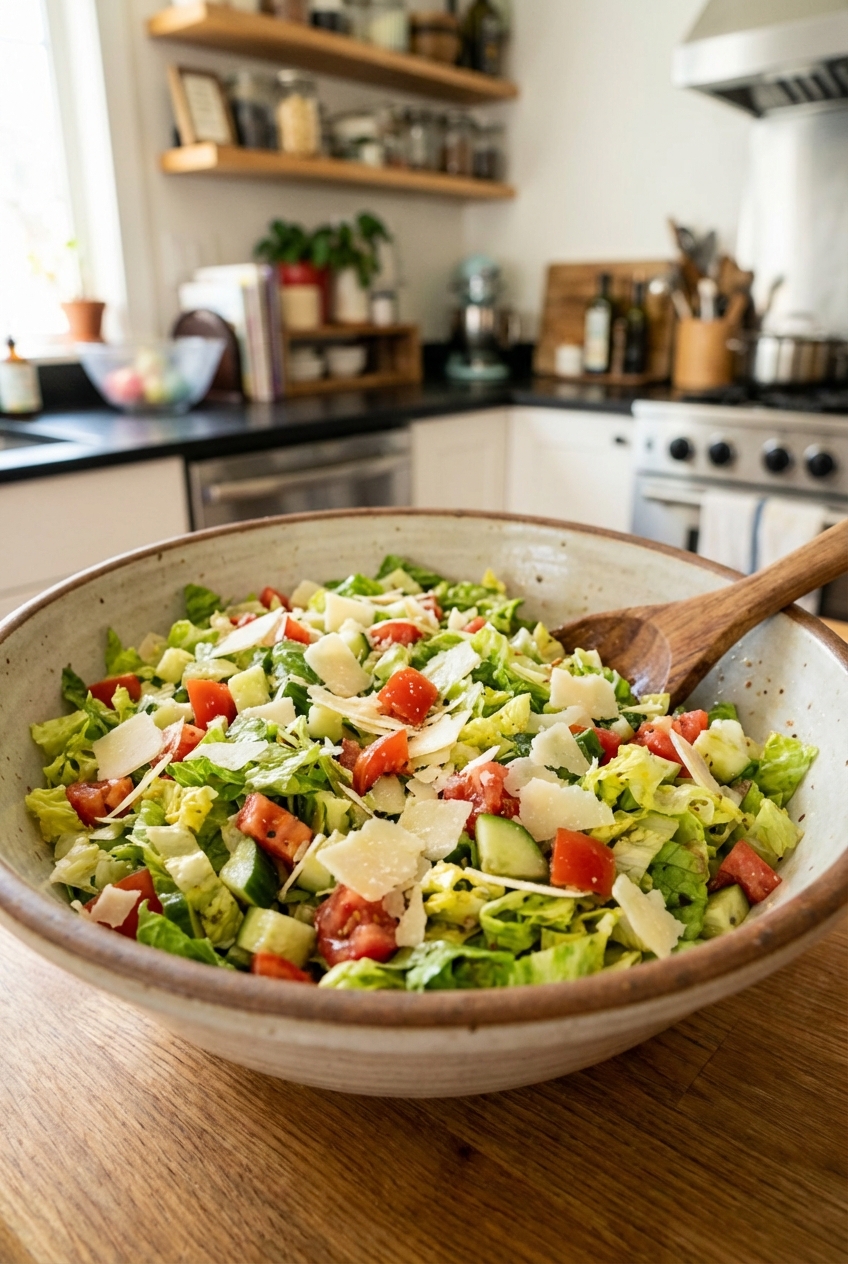 A real photograph of a chopped Italian salad with romaine, tomatoes, cucumbers, and parmesan in a large bowl