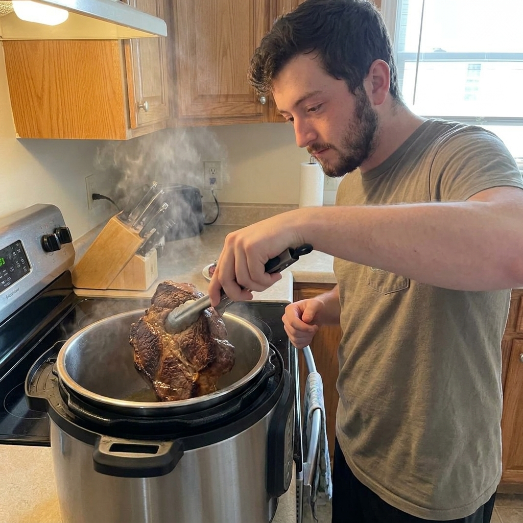 A real photograph of a chuck roast being seared in an Instant Pot insert with browned edges and steam rising in a home kitchen
