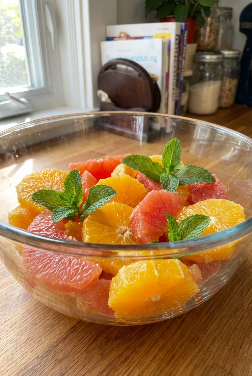 A real photograph of a citrus fruit salad in a bowl with orange and grapefruit segments and mint