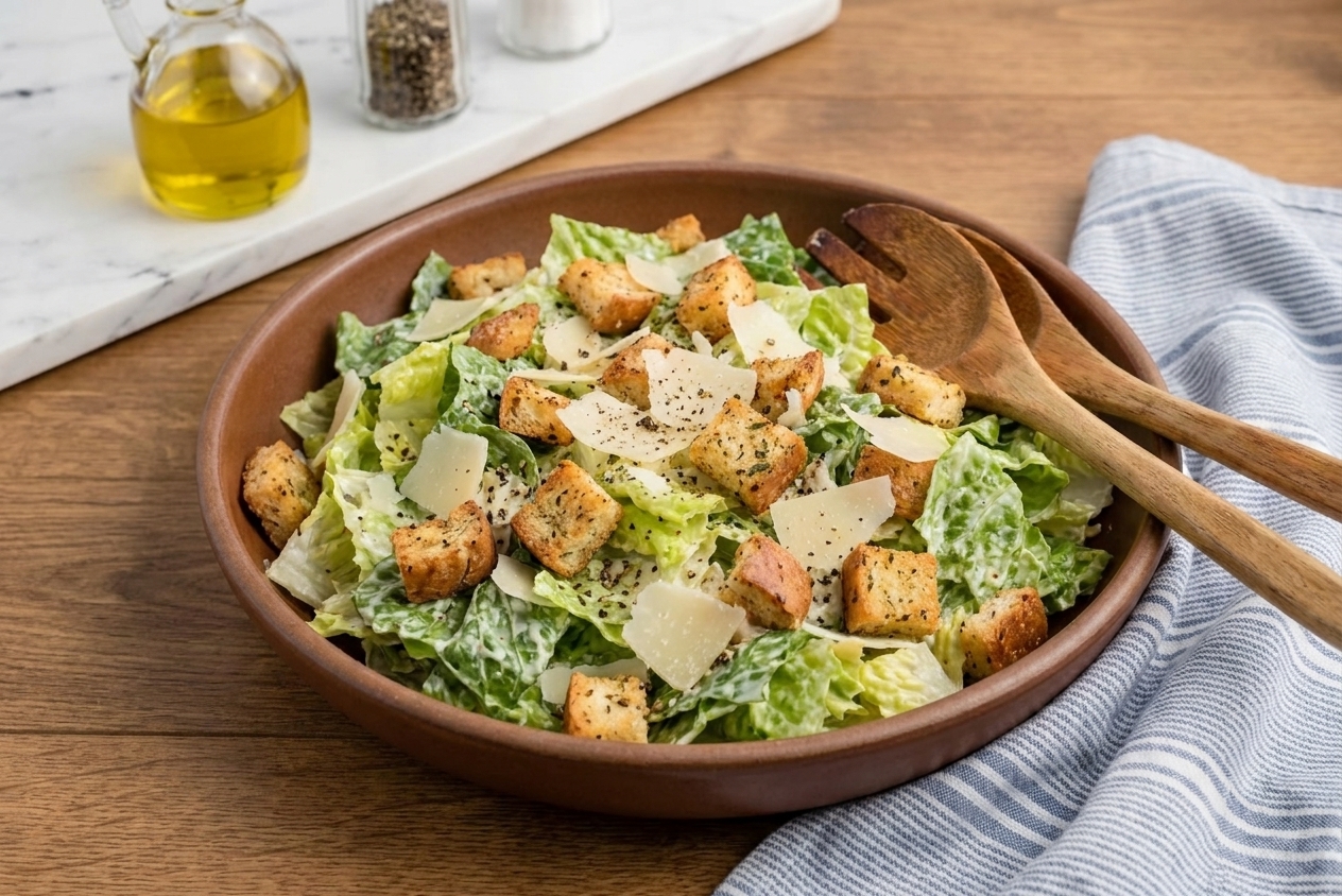 A real photograph of a classic Caesar salad in a wide shallow bowl with crisp romaine, golden croutons, shaved Parmesan, and cracked black pepper on a wooden table in soft natural light