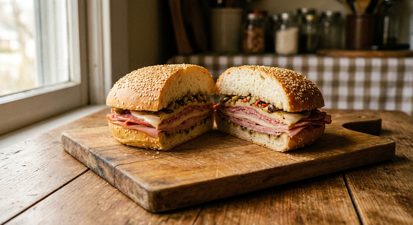 A real photograph of a classic New Orleans muffuletta on a wooden cutting board, the round sesame loaf sliced to show layers of mortadella, salami, ham, provolone, and glossy olive salad, natural window light