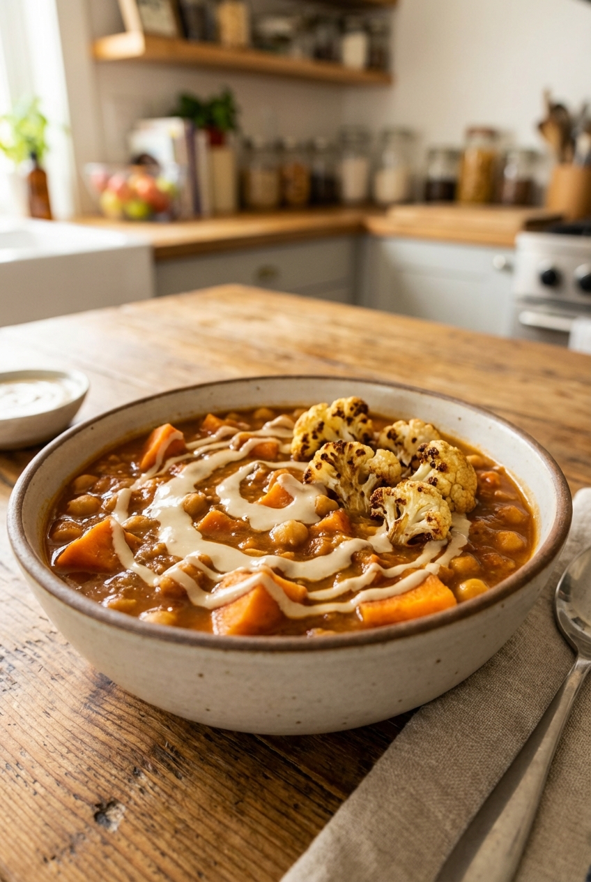 A real photograph of a close-up bowl of chickpea and sweet potato stew with tahini sauce swirled on top and roasted cauliflower