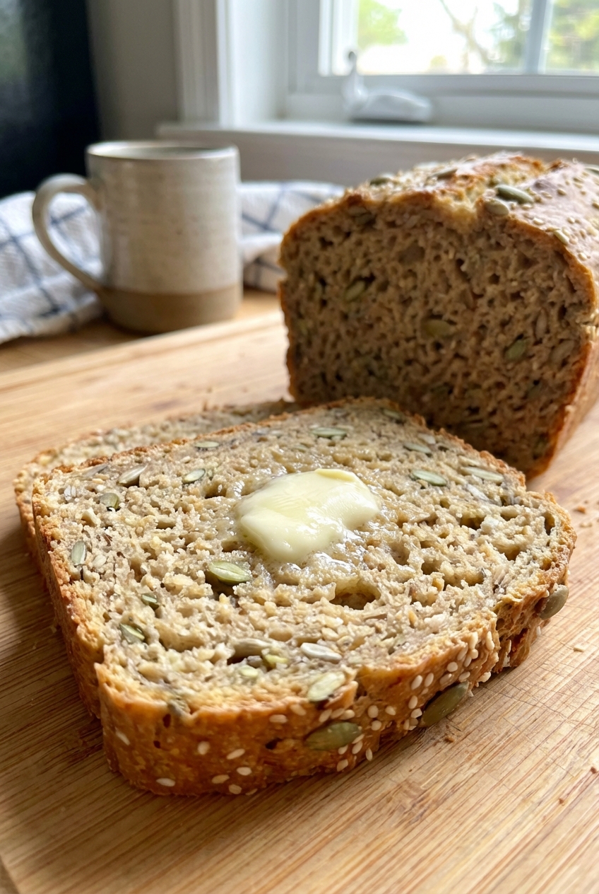 A real photograph of a close-up slice of savory bread showing a tender crumb with seeds