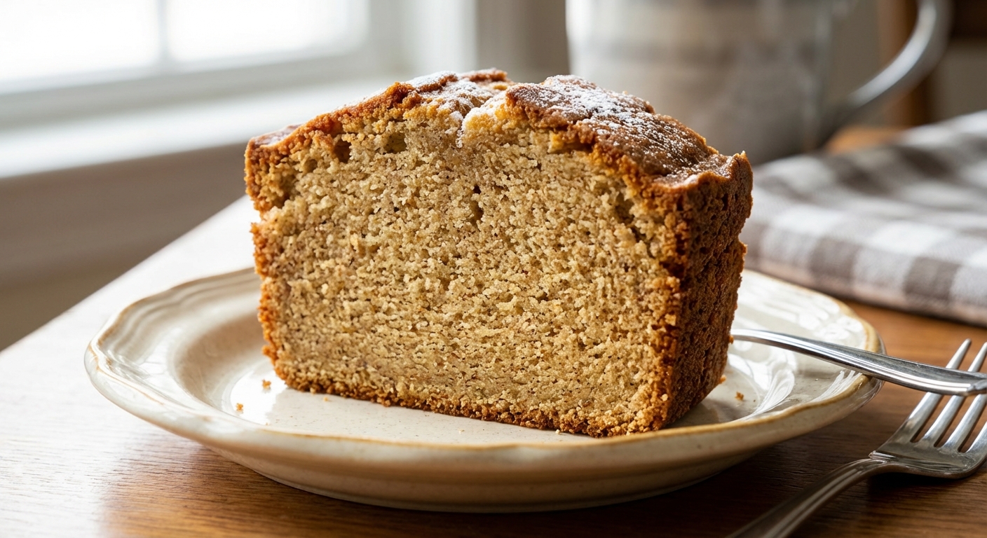 A real photograph of a close-up slice of spiced pound cake on a small plate, showing a fine crumb and golden crust