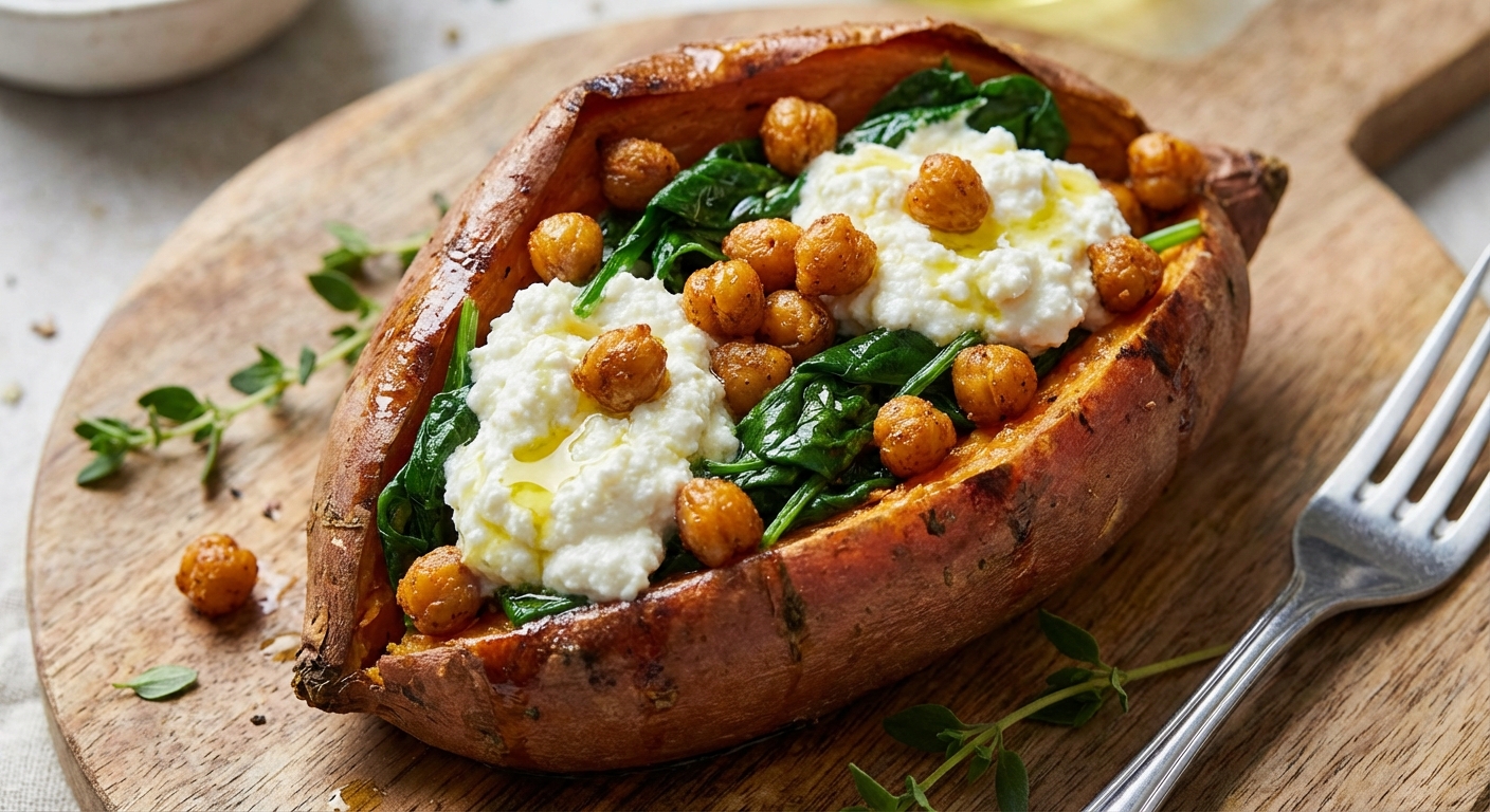 A real photograph of a close-up stuffed sweet potato showing creamy ricotta, wilted spinach, and crispy chickpeas