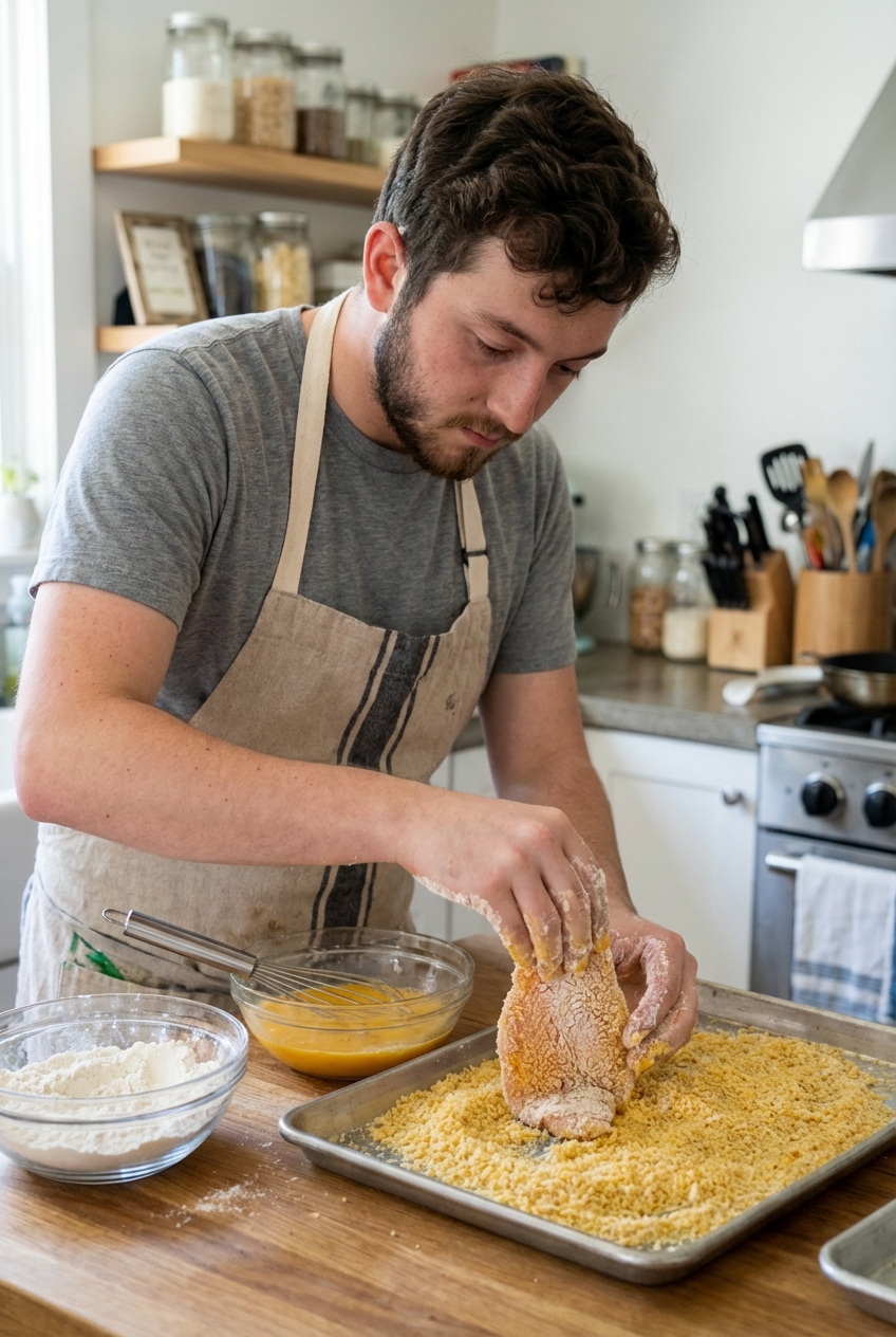 A real photograph of a cook dipping a chicken cutlet into panko breadcrumbs in a shallow tray on a kitchen counter