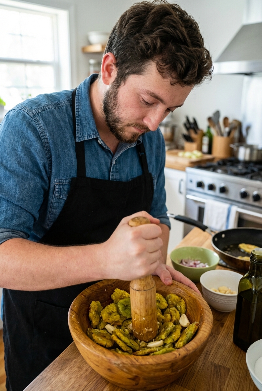 A real photograph of a cook mashing fried green plantains with garlic in a mortar and pestle on a kitchen counter