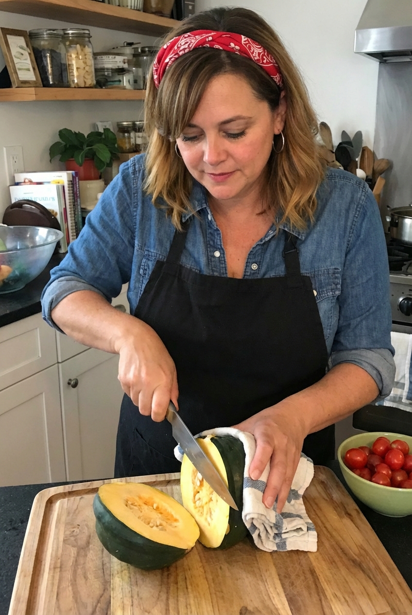 A real photograph of a cook slicing an acorn squash in half on a wooden cutting board with a chef's knife and a towel for grip