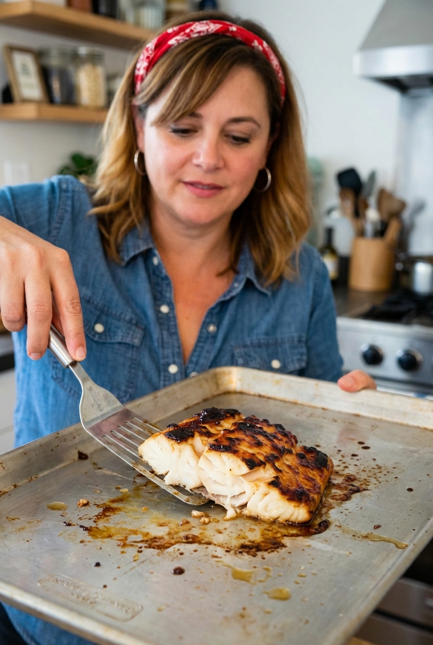 A real photograph of a cooked miso-glazed black cod fillet being lifted from a sheet pan with a fish spatula, showing tender flaky layers and caramelized glaze on top