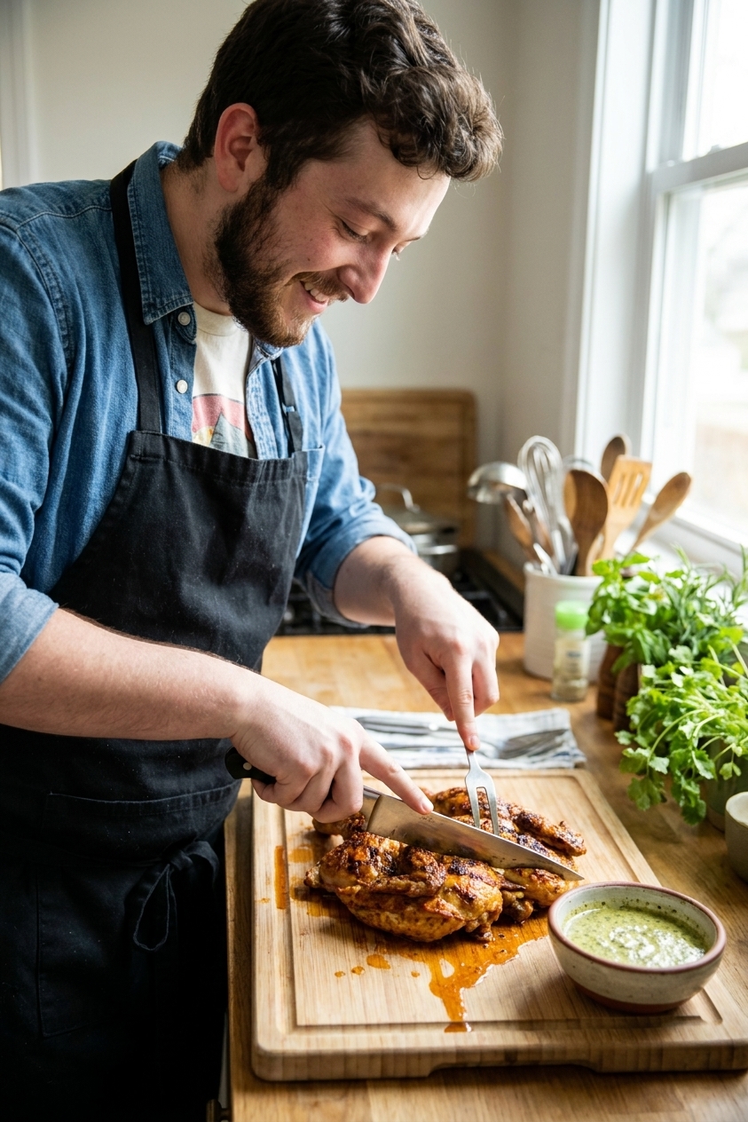 A real photograph of a cooked peri peri chicken being carved on a wooden cutting board with juices on the board and a small bowl of garlic-lime sauce nearby
