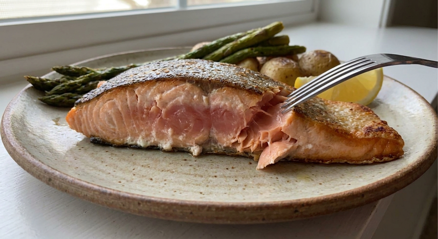 A real photograph of a cooked salmon fillet on a plate with a fork gently flaking the thickest part, showing an opaque exterior and a slightly darker, moist center