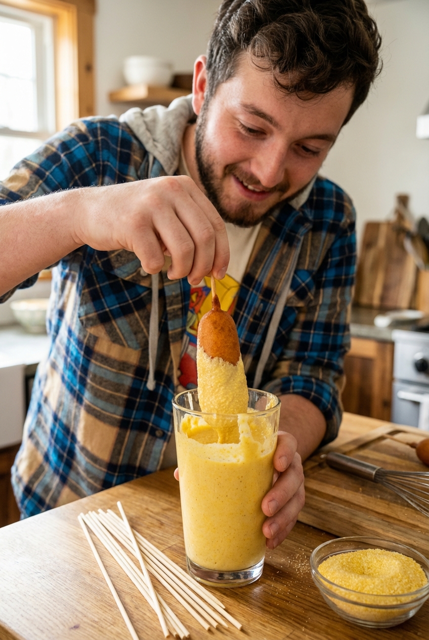 A real photograph of a corn dog being dipped into a thick cornmeal batter in a tall glass, with wooden skewers nearby on a countertop