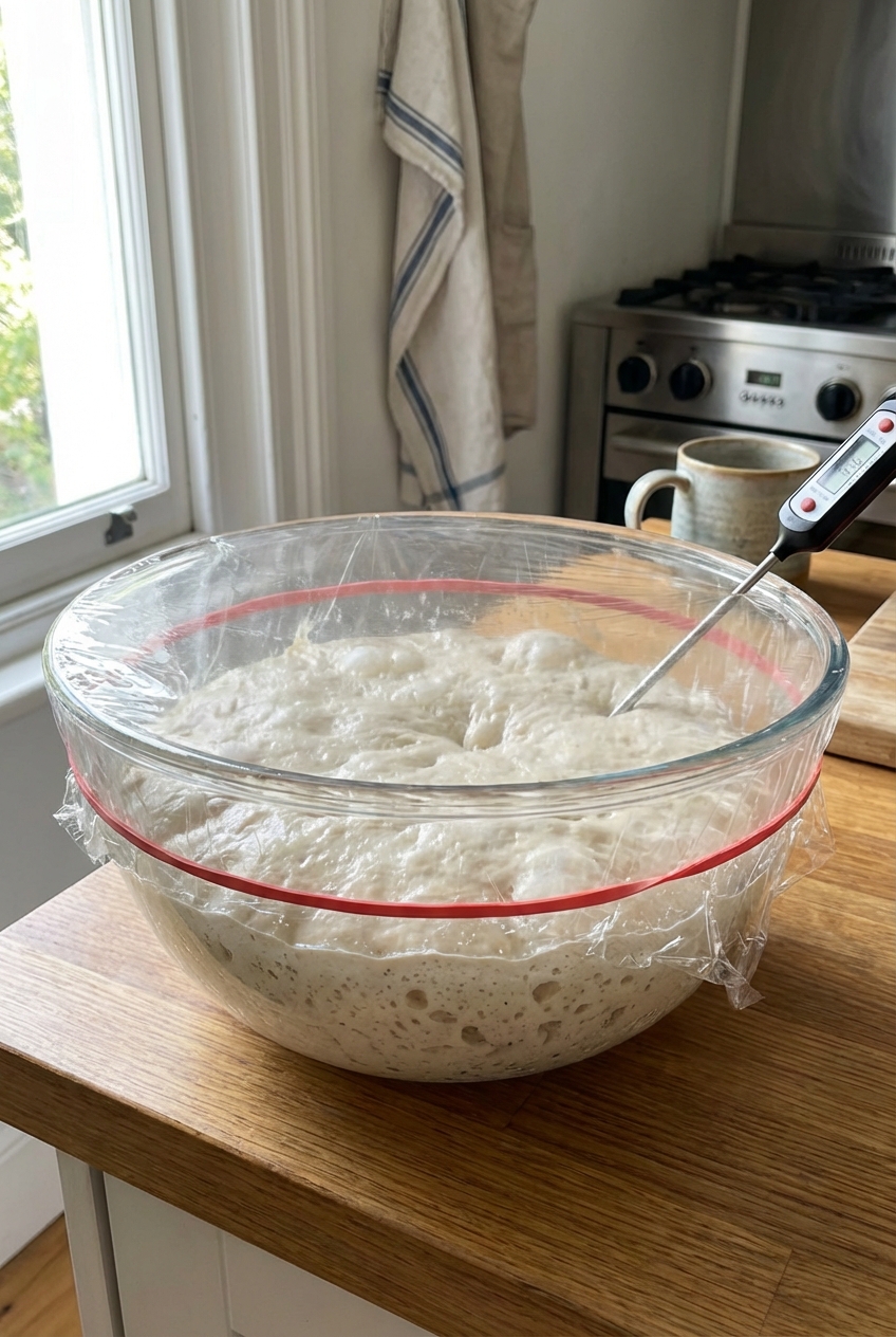 A real photograph of a covered glass bowl of sourdough pizza dough resting on a kitchen counter during bulk fermentation