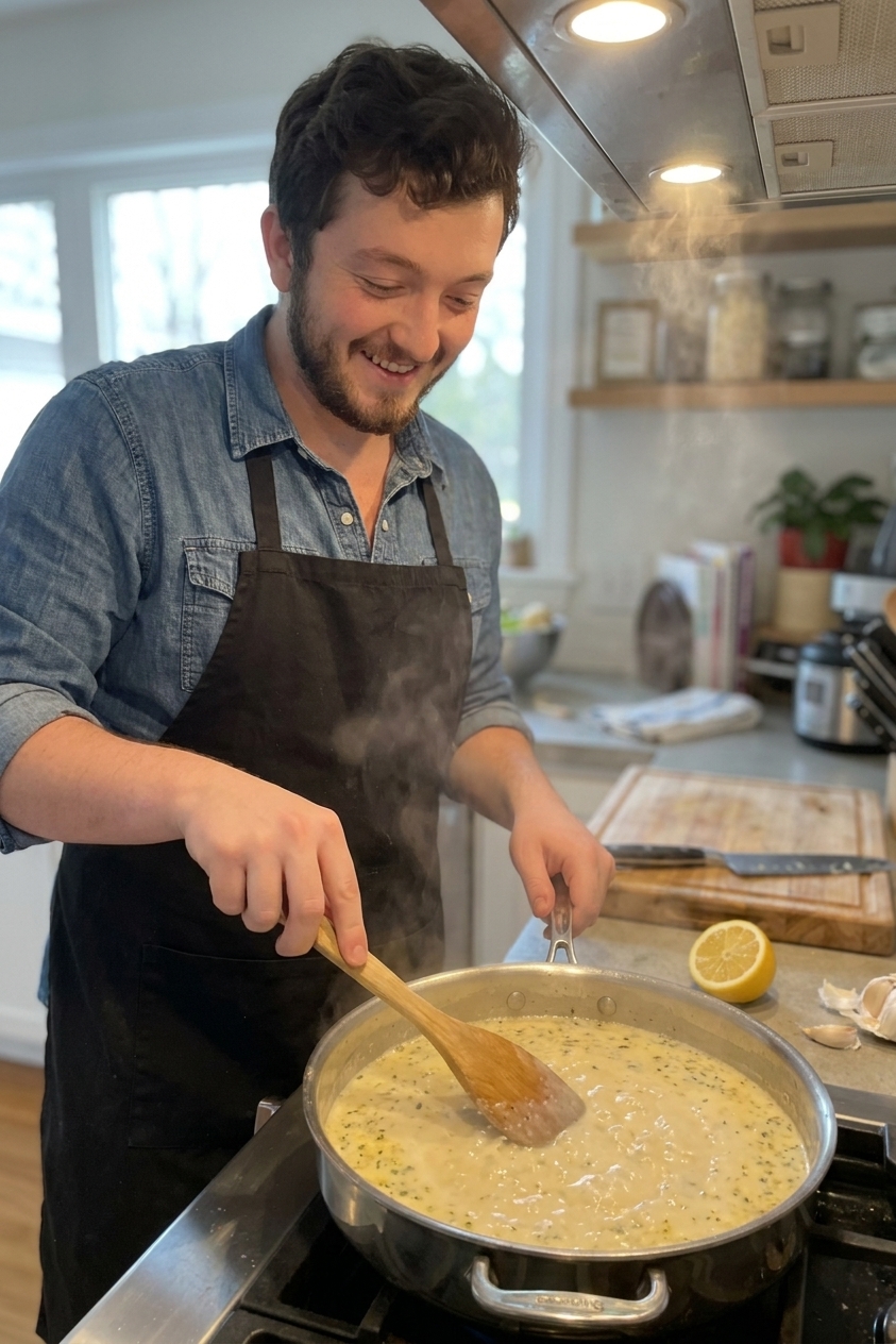 A real photograph of a creamy lemon garlic sauce gently simmering in a stainless steel skillet with a wooden spoon, stovetop lighting