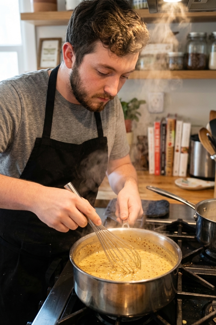 A real photograph of a creamy mustard brandy sauce being whisked in a stainless steel saucepan on a stovetop, glossy texture with steam rising