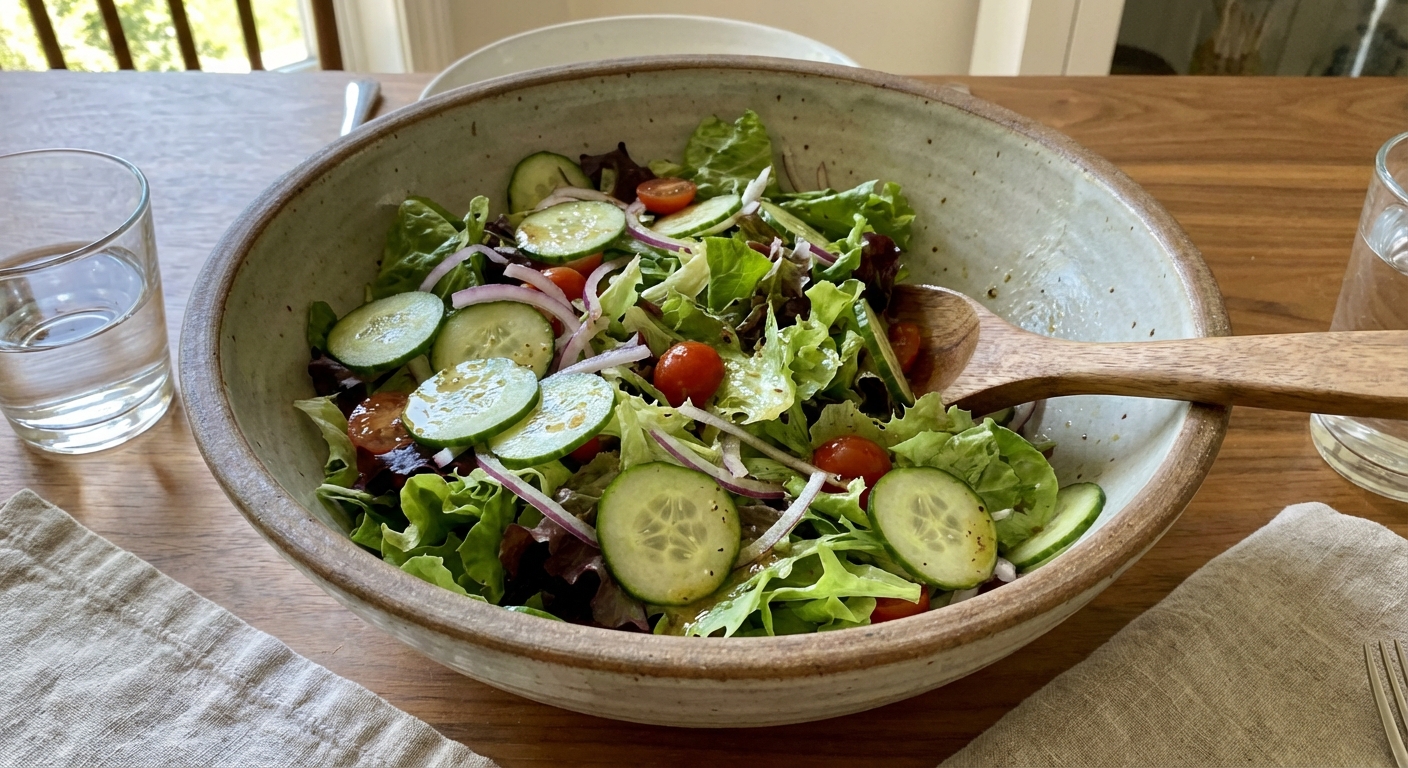 A real photograph of a crisp green salad with cucumbers and a light vinaigrette in a large bowl