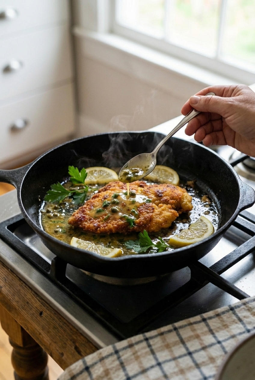 A real photograph of a crispy chicken cutlet being drizzled with lemon caper pan sauce in a skillet