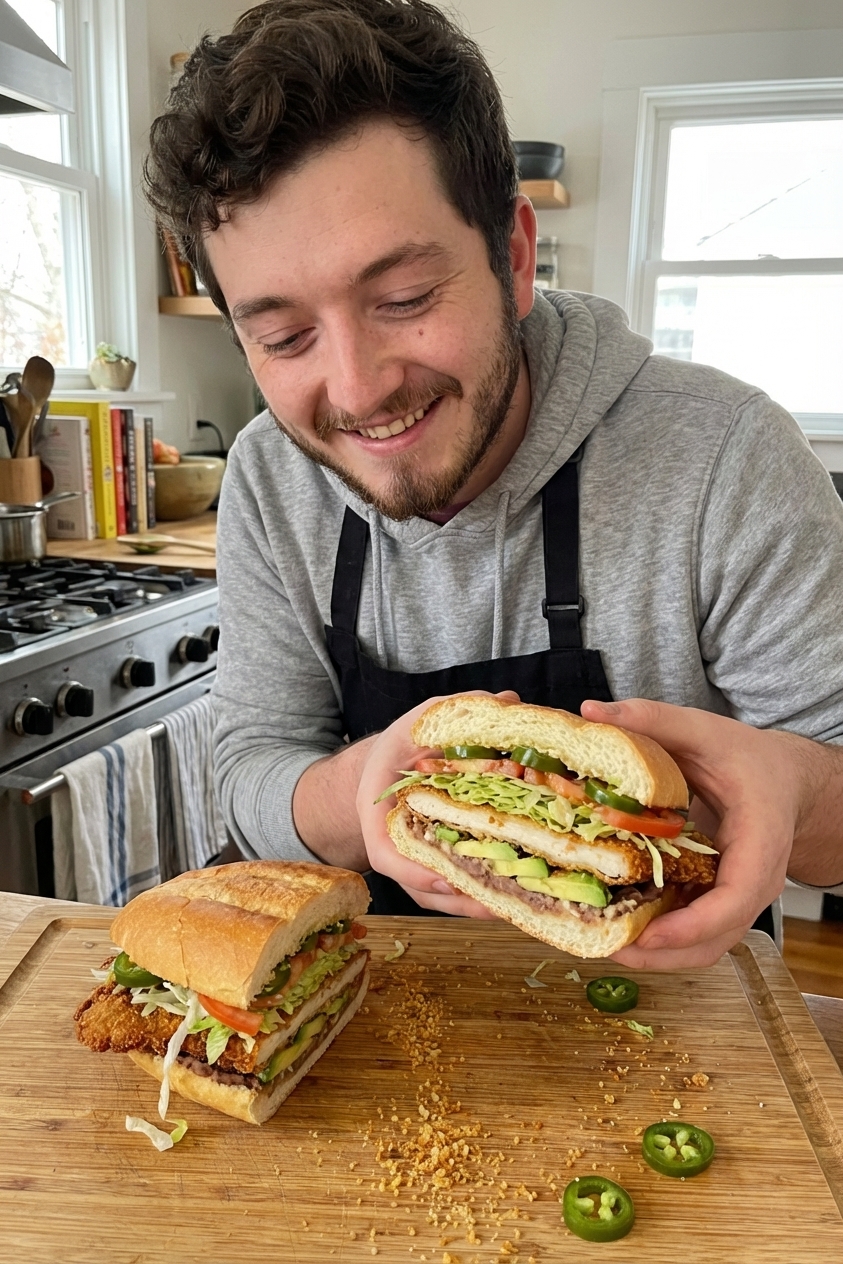 Crispy Milanesa Torta with Refried Beans and Avocado