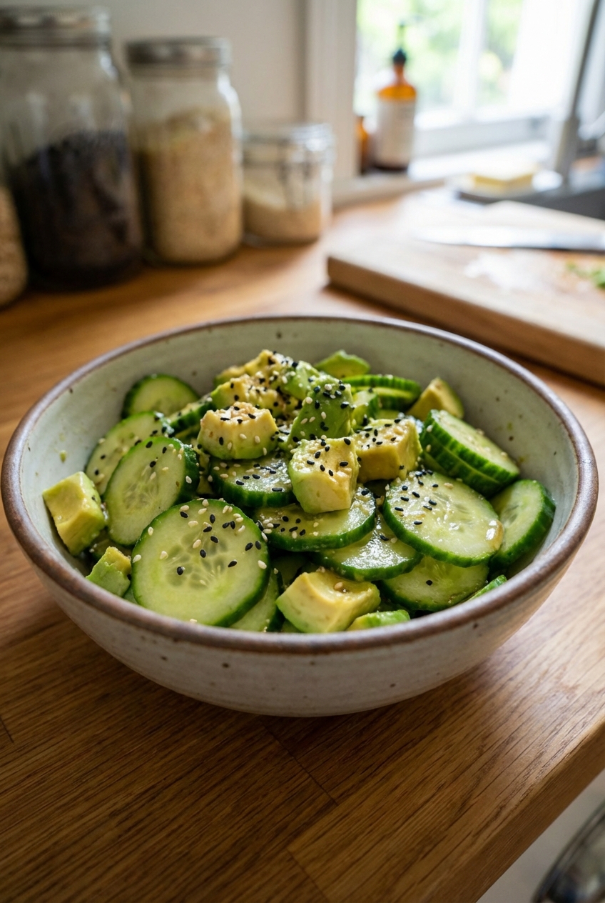 A real photograph of a cucumber and avocado salad in a ceramic bowl with sesame seeds