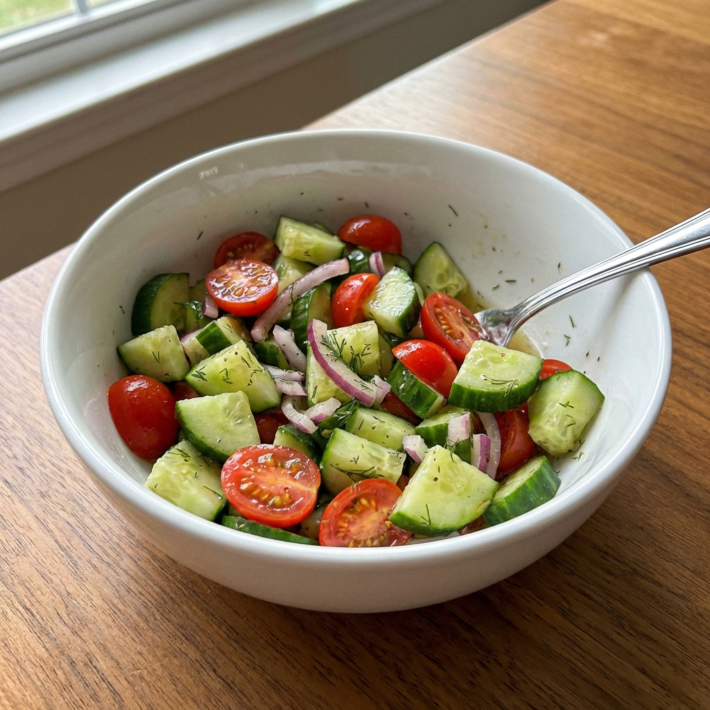 A real photograph of a cucumber and tomato salad in a white bowl