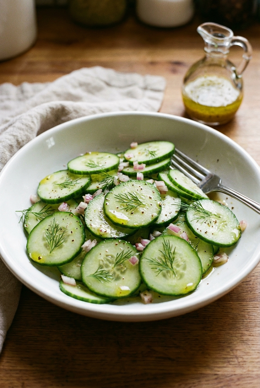 A real photograph of a cucumber salad in a white bowl with dill and a light vinaigrette