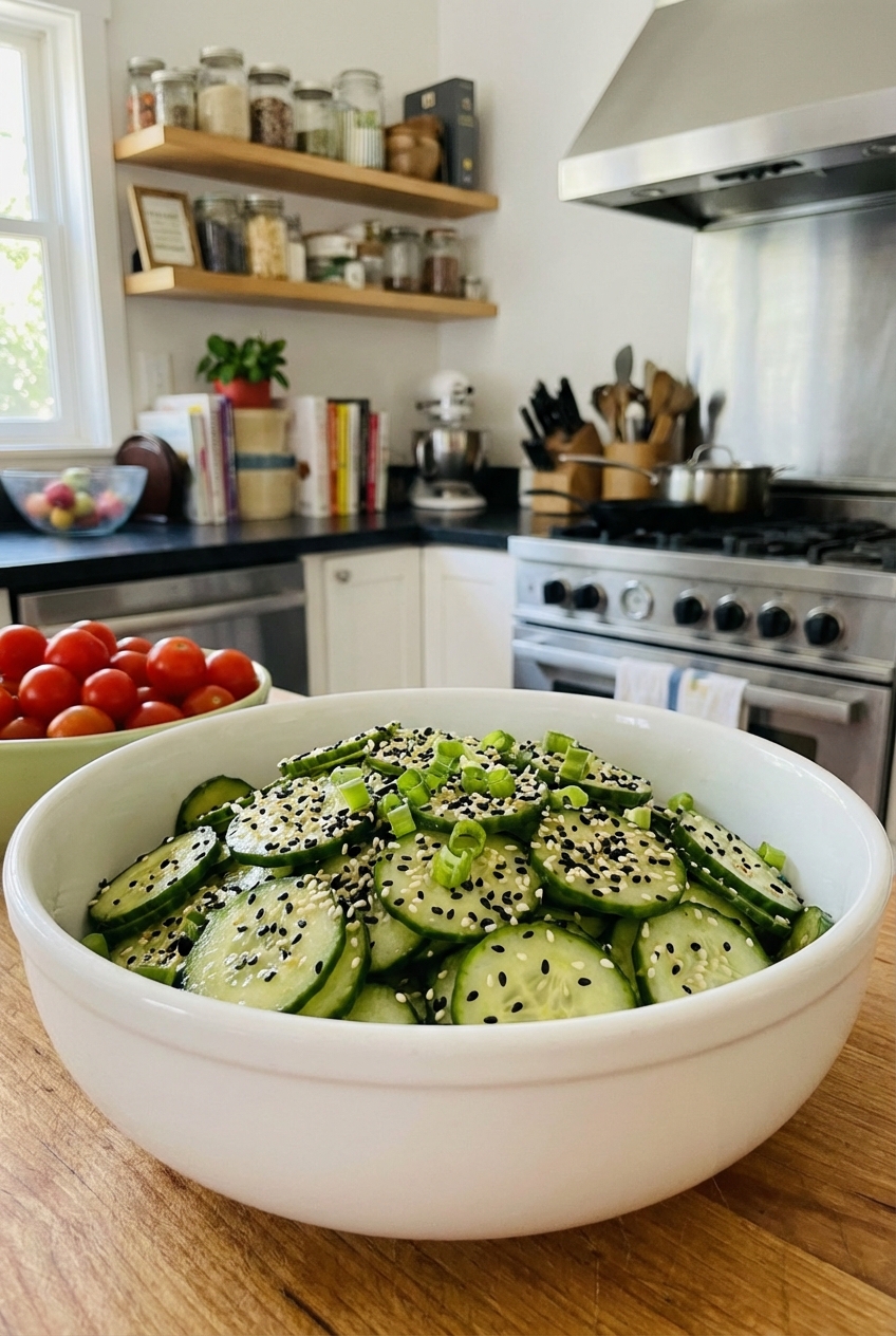 A real photograph of a cucumber salad with sesame seeds and sliced scallions in a white bowl
