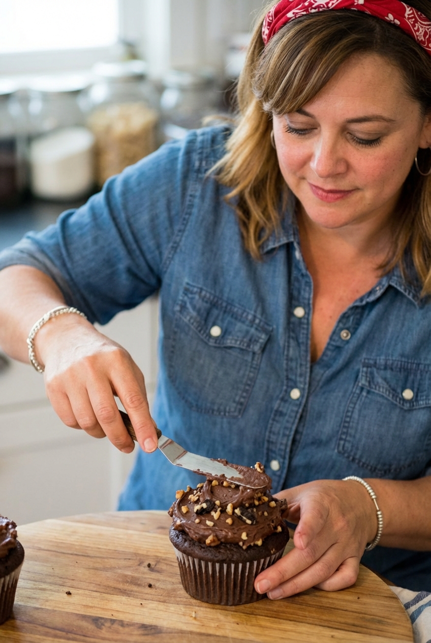 A real photograph of a cupcake being frosted with thick chocolate frosting using an offset spatula, with crunchy bits visible in the frosting