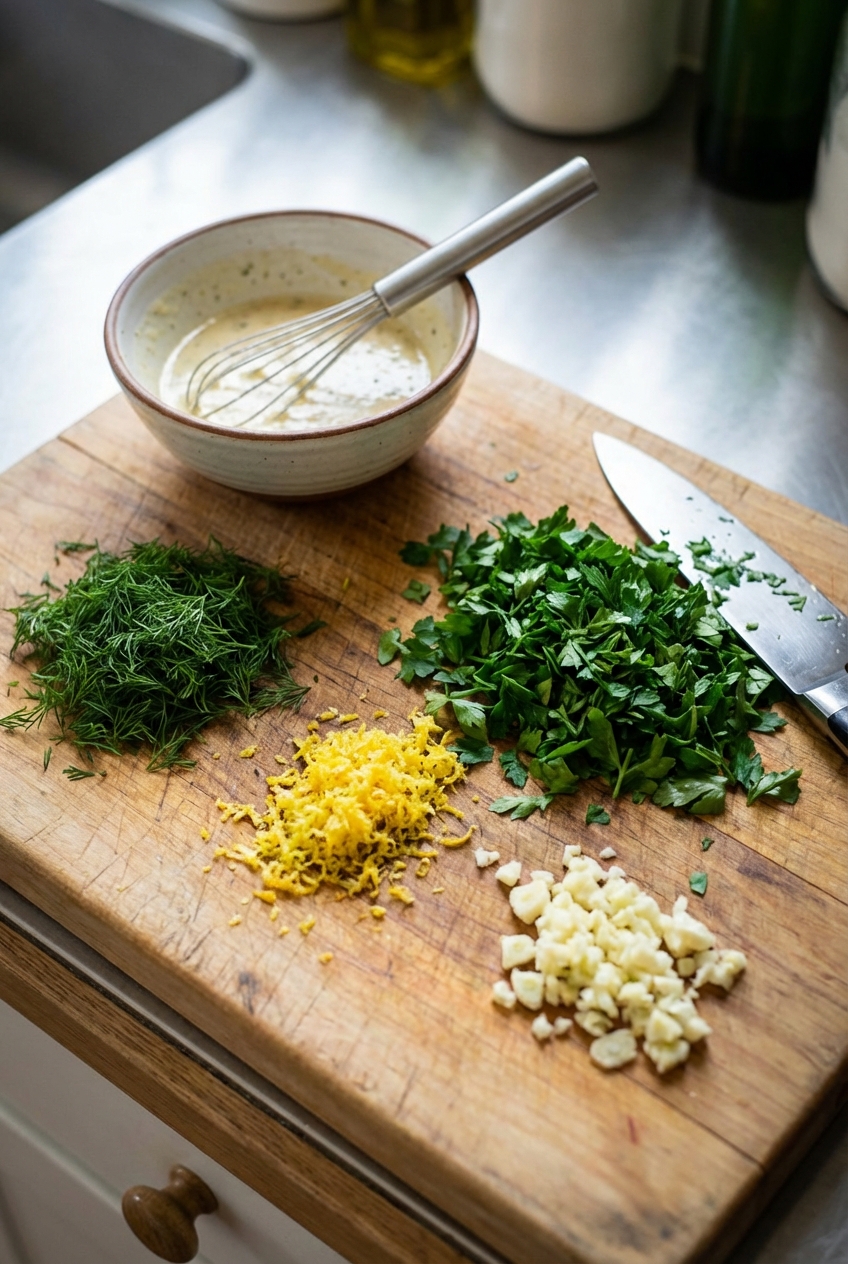 A real photograph of a cutting board with chopped parsley, dill, lemon zest, and minced garlic next to a small bowl of whisked dressing