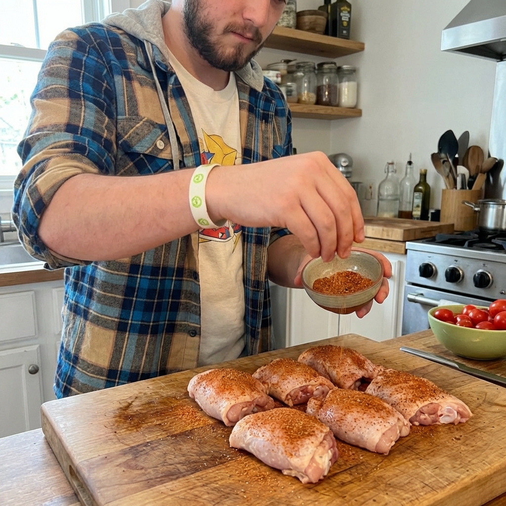 A real photograph of a cutting board with raw chicken thighs being seasoned with a reddish spice blend