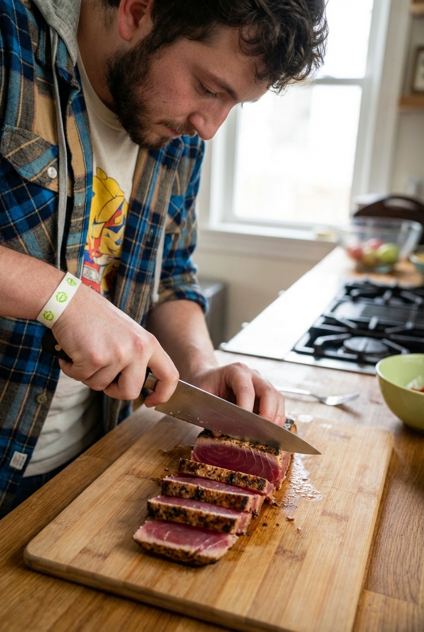 A real photograph of a cutting board with seared ahi tuna being sliced into thick pieces, showing a rare pink center, with a knife in action