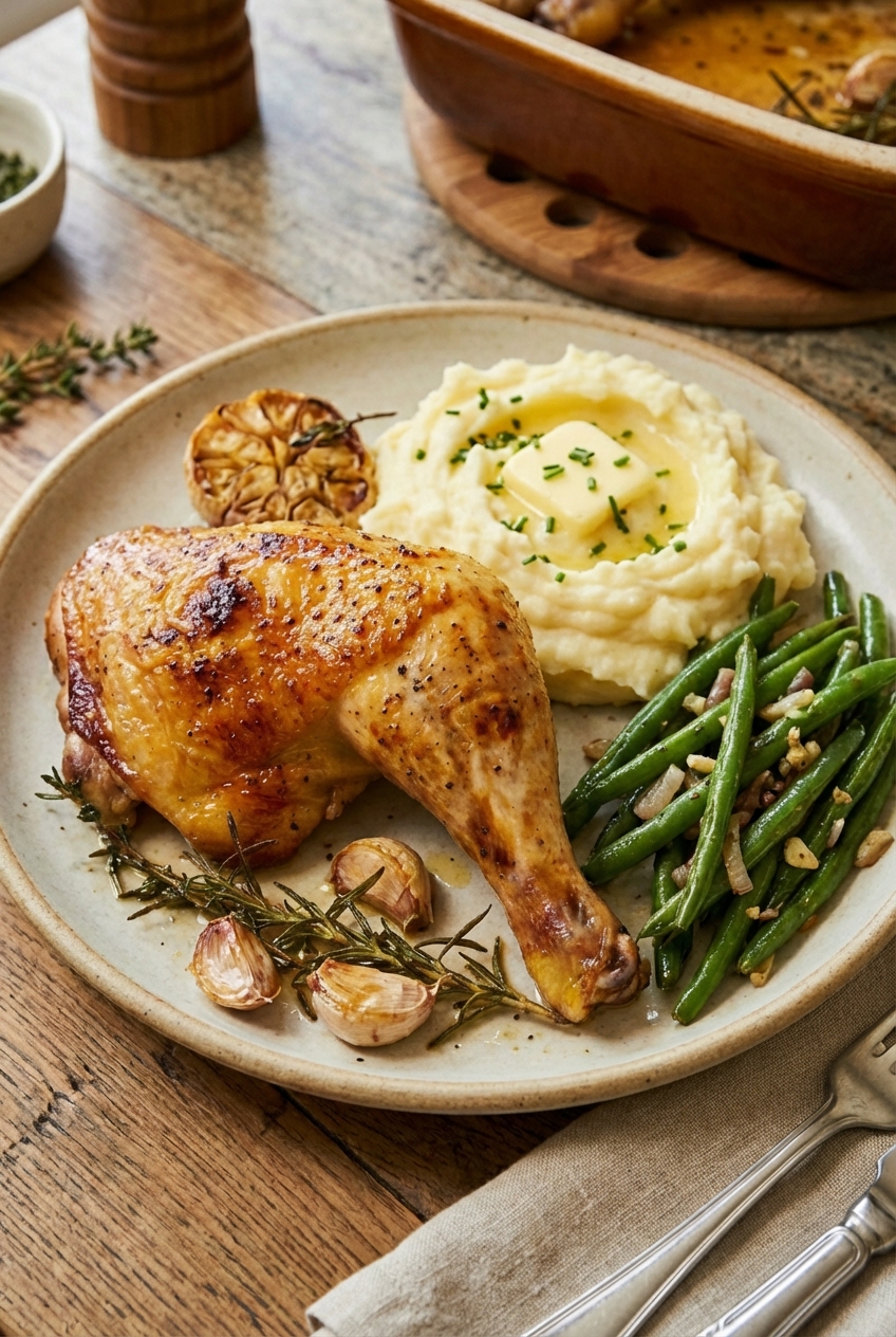 A real photograph of a dinner plate with roasted chicken hindquarter, mashed potatoes, and green beans