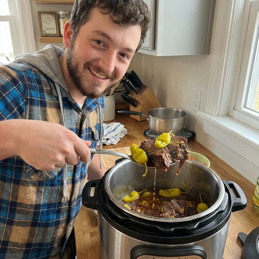 A real photograph of a fall-apart Mississippi pot roast in an Instant Pot inner pot with pepperoncini peppers and glossy browned juices, a serving spoon lifting a tender chunk