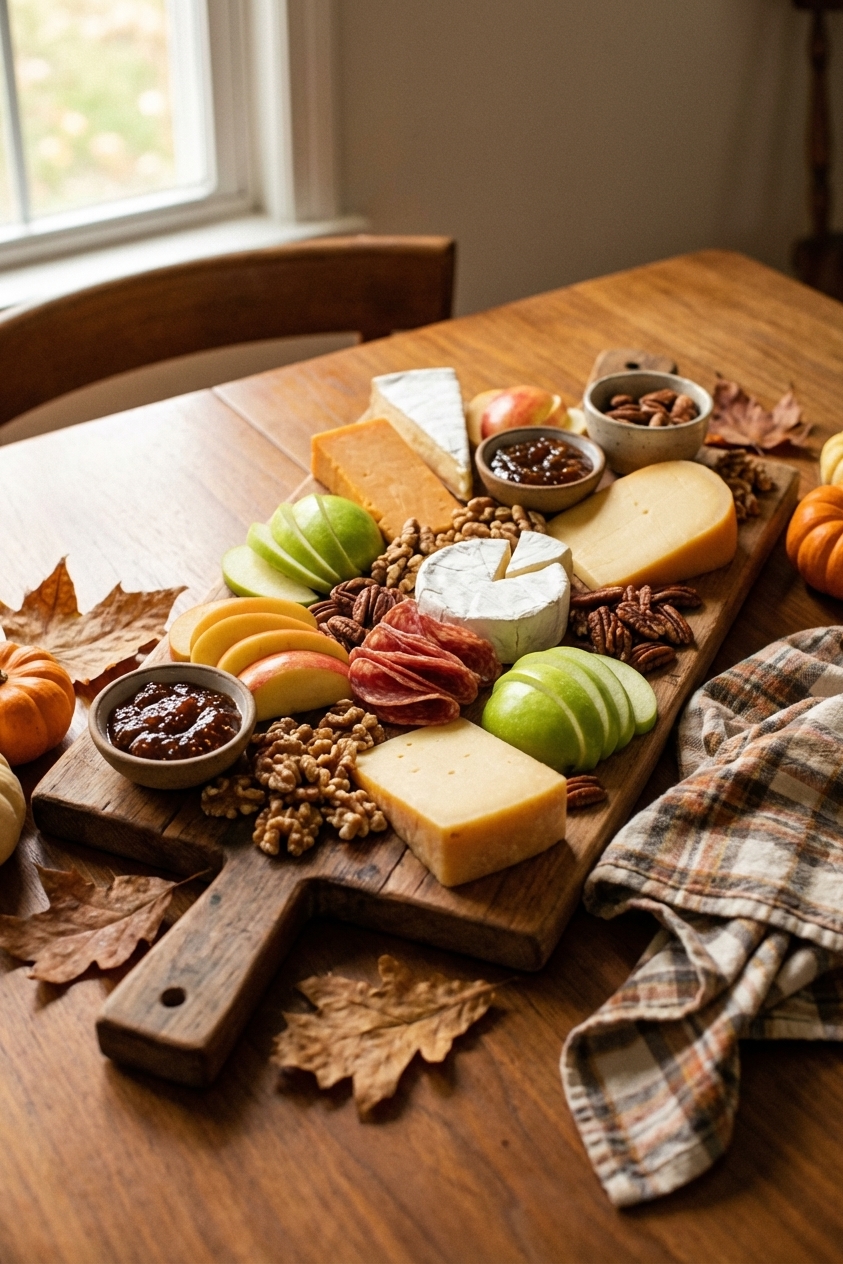 A real photograph of a fall-themed charcuterie board on a dining table with apples, pears, aged cheeses, salami, nuts, and fig jam in small bowls