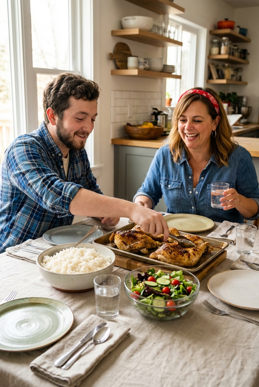 A real photograph of a family-style dinner table with a sheet pan of roasted chicken and vegetables, a bowl of rice, and a green salad