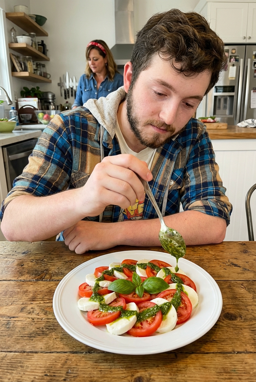 A real photograph of a finished Caprese salad being served at a table with a spoon drizzling glossy green balsamic pesto over the tomatoes and mozzarella