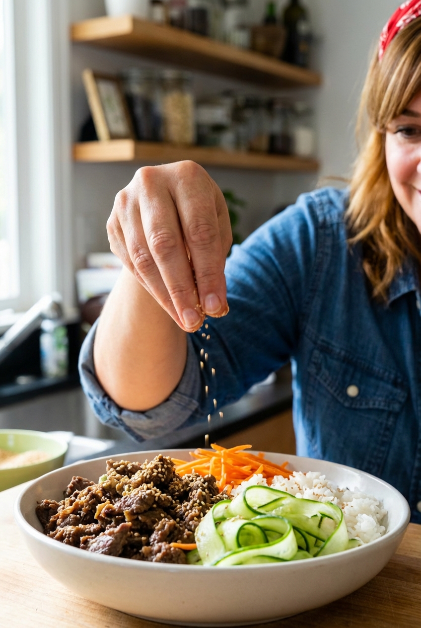 A real photograph of a finished Korean beef rice bowl being topped with cucumber ribbons and shredded carrots with a hand sprinkling sesame seeds in natural light